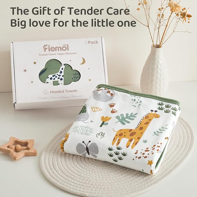 Hooded Baby Towels for Newborn,100% Cotton Baby Bath Towels with Hood for Infant Toddler Boy Girl, 2 Pack 32x32 Inch Soft & Absorbent Knit Terry Bath Essentials Green Giraffe