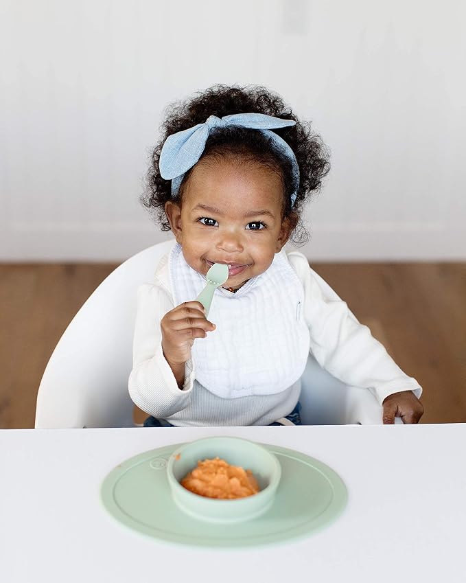 ezpz Baby Feeding Bundle – Tiny Spoon (2-Pack, Pewter) + Gumline Feeder (Sage) – 100% Silicone Baby-Led Weaning Set for 4–6+ Months – Infant Feeding Essentials