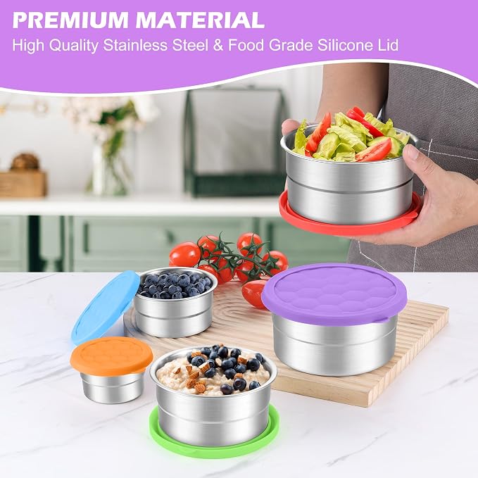 E-far Stainless Steel Food Containers with Lids Set of 5, Round Snack Containers for Kids Toddlers Adults, Metal Food Storage Box for School Lunch, Leak Proof (3oz, 6oz, 12.9oz, 20.3oz, 30.4oz)