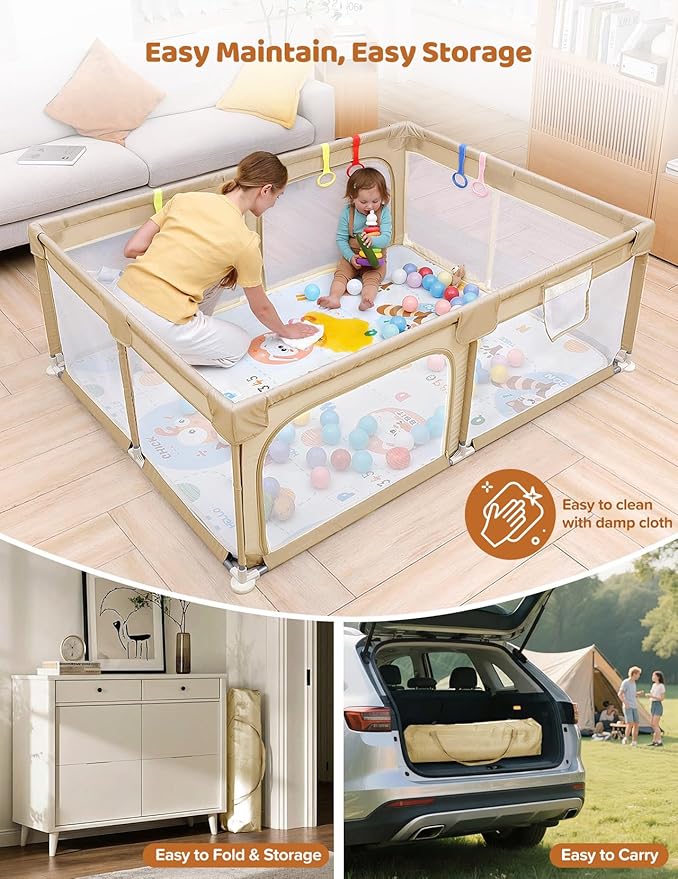 Dripex Baby Playpen with Mat, 71"x47" Play Pen for Toddlers 1-3 Years, Soft Breathable Visible Mesh, Indoor/Outdoor Portable Play Yard with Mat, Safe Baby Fence Play Area, Khaki
