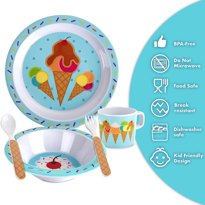 Bentology 5 Pc Mealtime Set for Kids - Ice Cream Theme - Includes Raised Edge Plate & Bowl, Cup, Fork & Spoon- Dishwasher Safe, BPA Free- Cute Durable Dish, Easy Self-Feeding- Gift for Toddlers