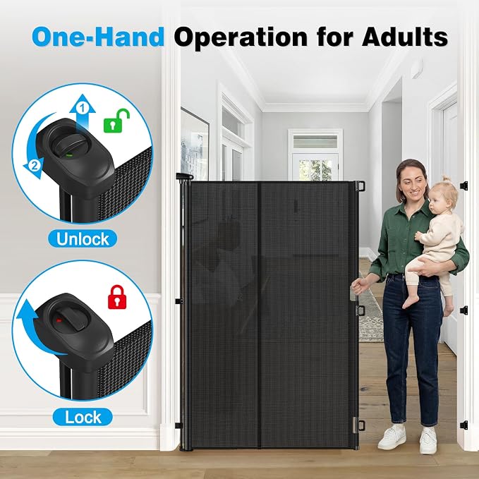 Reinforced 65" Extra Tall Pet Gate for Doorway, Jump-Resistant & Prevent Crawling Underneath Retractable Baby Gates Extra Tall, 0-55" W Retractable Dog Gate for Pet, Dogs, Cats, Puppies, Babies, Black