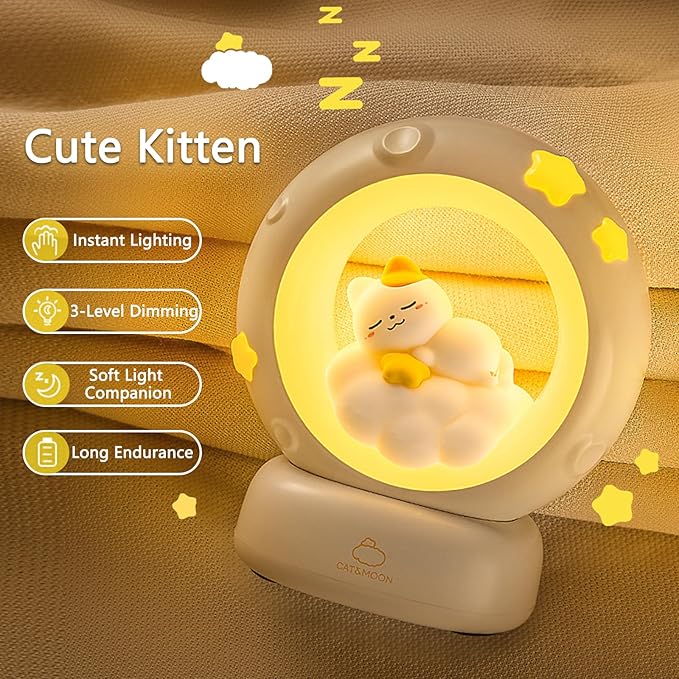 Space Kitty LED Night Light for Kids, Nursery Night Light Rechargeable Table Lamp with Touch Sensor, Animal Kitty Bedside Decor Lamp with Dimmable for Gifts for Girls Baby Cat Lovers (Cat)