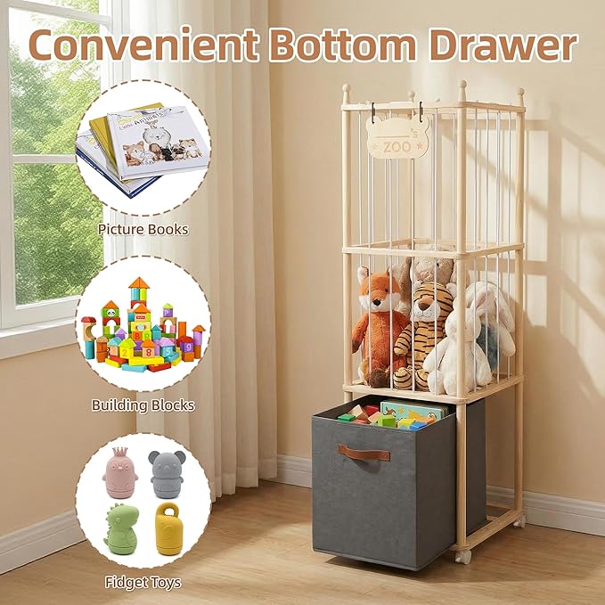 Stuffed Animal Storage Zoo Tower with 4 Brake Wheels & Bottom Storage Bin,Unpainted Natural Wood Large Plushies Storage Holder Organizer, Toy Storage for Playroom Bedroom Nursery
