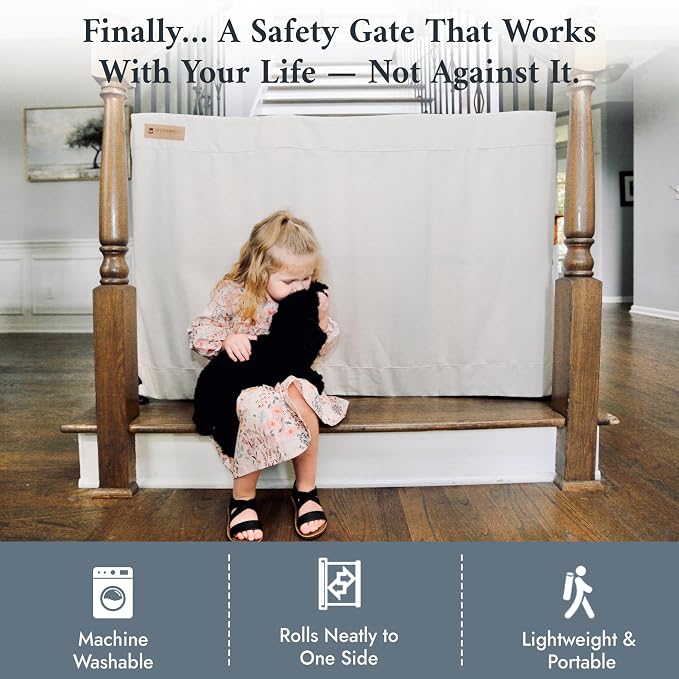 The Stair Barrier First Fabric Banister to Banister Baby Gates for Stairs 42”–52” Wide x 32” Tall– No Drill Baby Gate for Top or Bottom Staircase, Machine-Washable Climb Proof, Designed in USA, Cream
