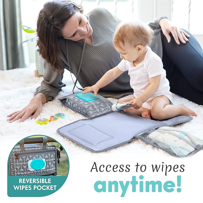 Kopi Baby Portable Diaper Changing Pad-Baby Diaper Changer Travel Bag with Wipes Pocket, Smart Design Portable Changing Mat, Infant Travel Station Kit,Gift for Newborn Girl & Boy-Grey Arrows, Modern