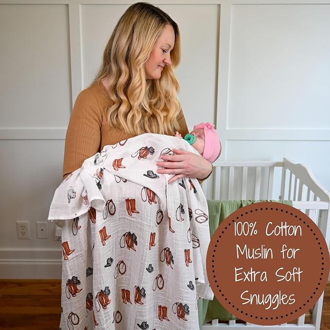 LollyBanks Baby Blanket for Boys, Large 47 x 47 Inches Soft Muslin Swaddle Blankets, 100% Cotton Breathable and Lightweight Baby Receiving Blankets, Baby Essentials, Registry (Cowboy Boot Print)