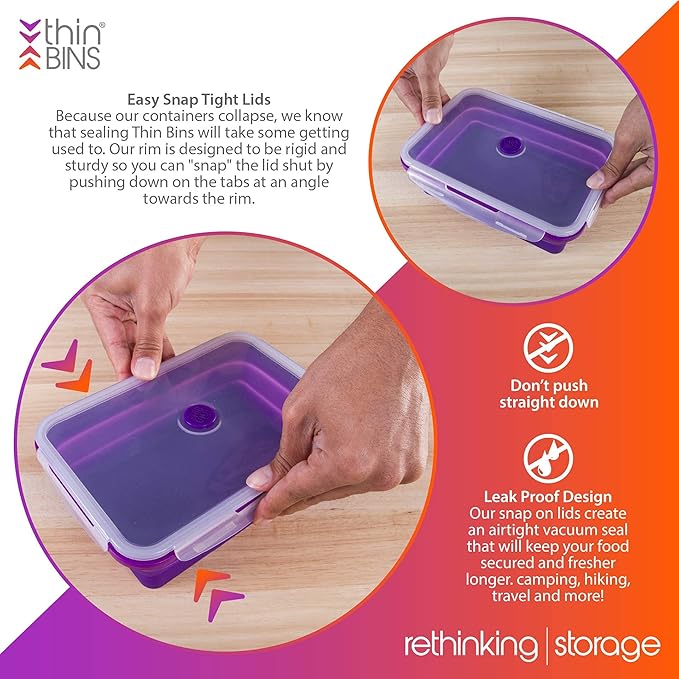 Kitchen Home Thin Bins Collapsible Containers ??Set of 2 Extra Large Rectangle Silicone Food Storage Containers ??BPA Free, Microwave, Dishwasher and Freezer Safe