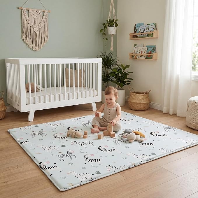 1.5" Thick Premium Baby Floor Play Mat, 71x59 Over-Sized Padded Memory Foam Mat, Tummy Time Crawling Playmat for Nursery Kids Playroom, Zebra