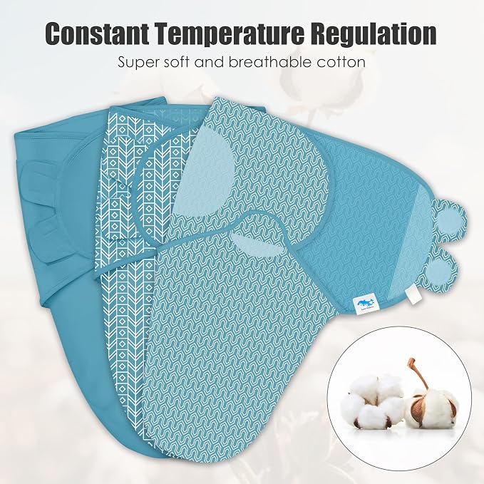 SWEET DOLPHIN 3-Pack Baby Swaddle Sleep Sacks - Newborn Swaddle Blanket with Soft Cotton - Ergonomic Wrap for Boys and Girls, 0-3 Months, Peacock Blue