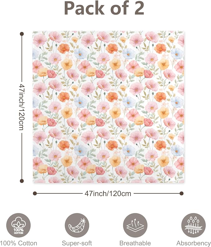 2-Pack Muslin Swaddle Blankets 47x47-100% Cotton Breathable Receiving Blankets for Newborn Baby, Soft Swaddling Wraps, Sunny Flutter & Bloom