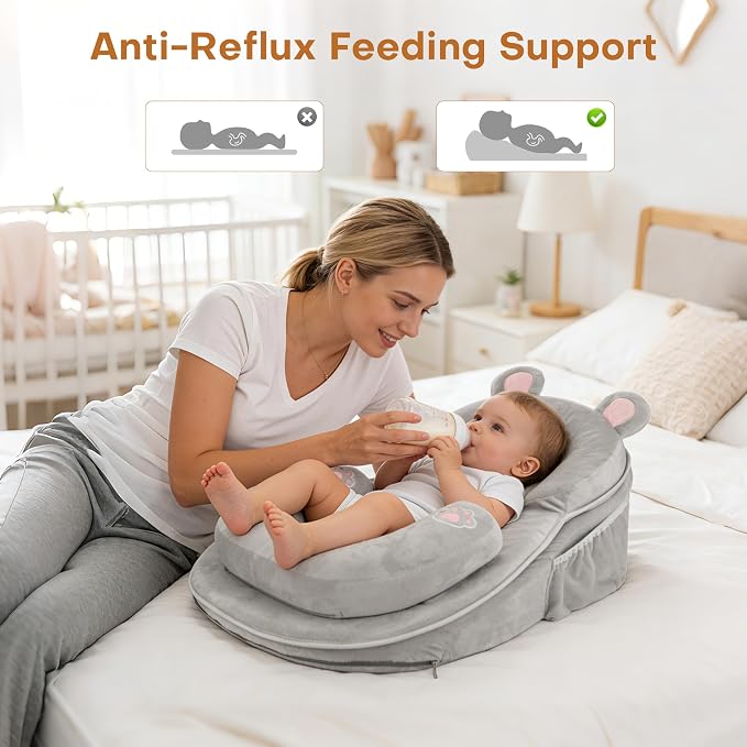 WARMHONIU Baby Feeding Pillow, Anti-Reflux Breastfeeding Infant Lounger & Tummy Time Pillow for Reducing Spit-Up, 25.2" L x 17.7" W, Detachable Cover with Handle & Storage Bag
