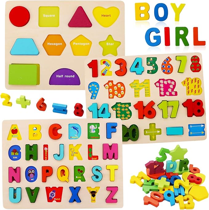 Wooden Puzzles for Toddlers, Kesletney Wooden Alphabet Number Shape Learning Puzzles for Kids, 3 in 1 Montessori Preschool Educational Toys for Boys Girls Ages 3 4 5 Years Old
