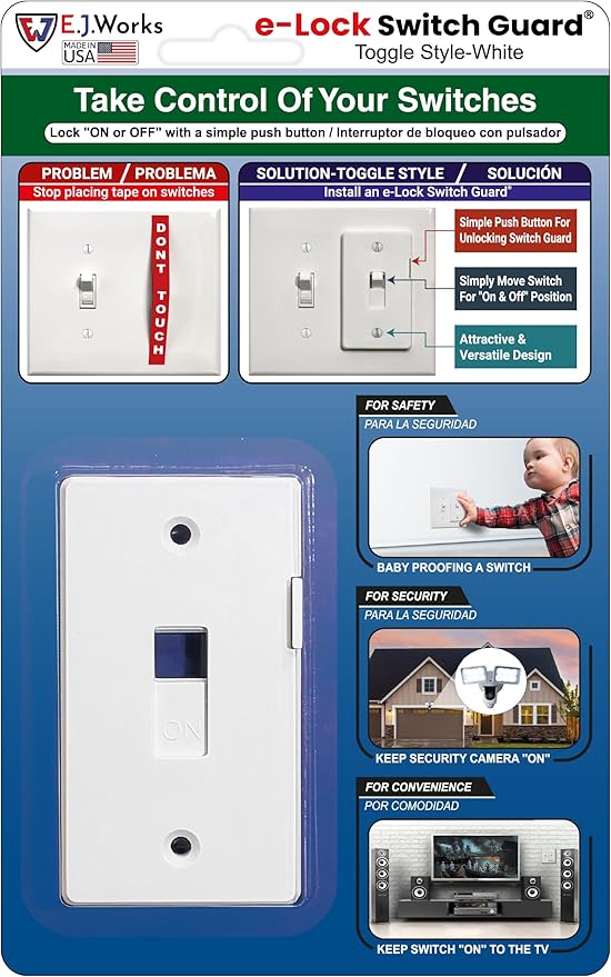 eLock Switch Guard for Toggle Switches | Child Proof Light Switch Lock with ON/OFF Push Button | Made in USA | Protect Devices, TV's, Security Camera, Gas Fireplace | Safety Cover | White | 4 Pack