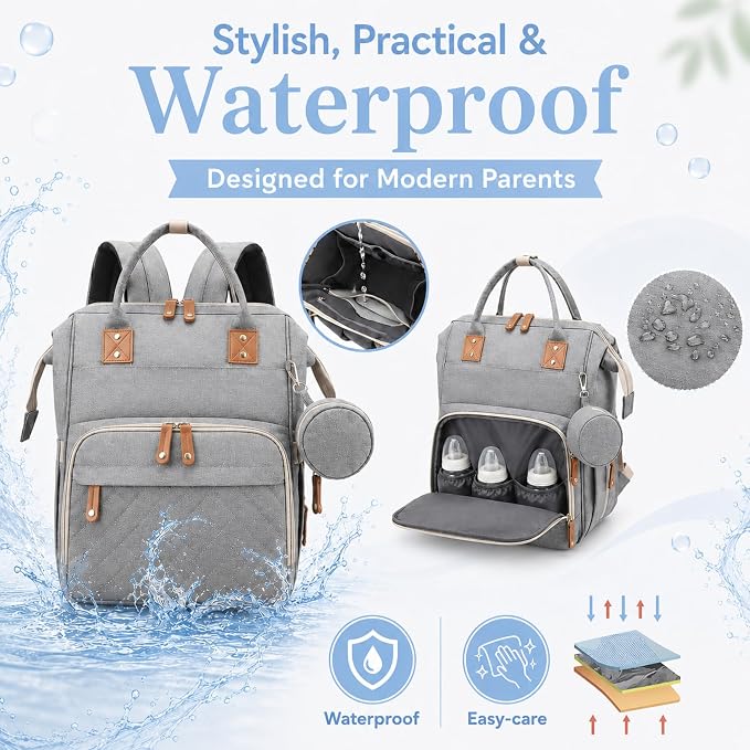 Baby Diaper Backpack with Changing Pad, Waterproof, USB Port, Large Capacity (Gray)