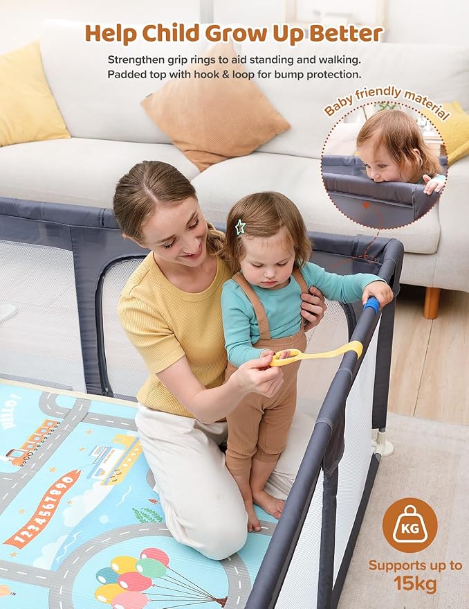 Dripex Baby Playpen with Mat ??47"x47" Small Play Yard for Babies 6-12 Months, Breathable Mesh & Waterproof Non-Slip Pad, Indoor/Outdoor Baby Fence, Grey