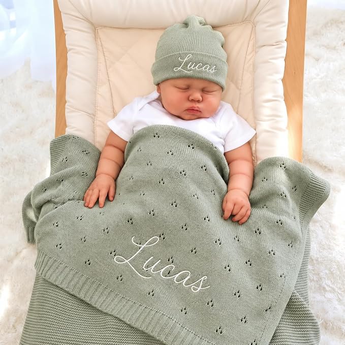 Personalized Baby Knit Blanket Custom Embroidered Cotton Blanket for Newborns Nursery Essentials, Stroller Cover, Holiday, Thoughtful Keepsake for New Parents,