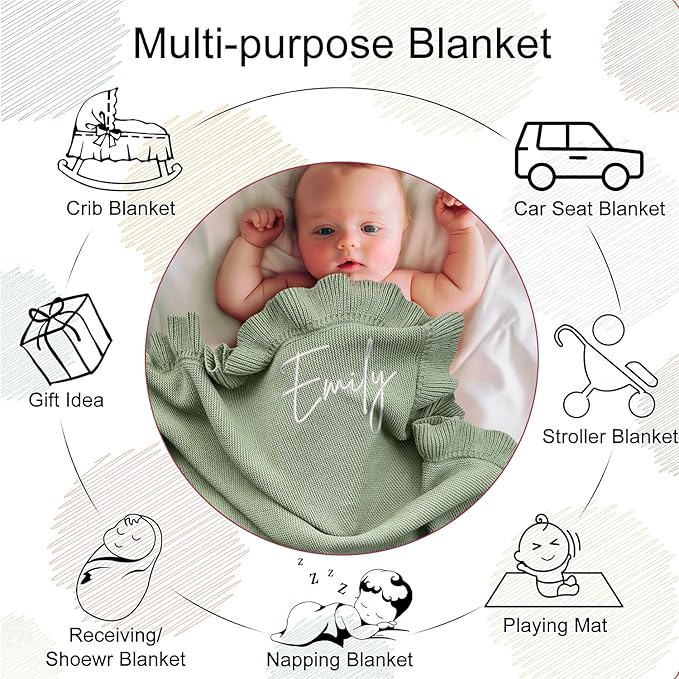 Embroidery Name Knit Baby Blanket, 30x40in Personalized Baby Blanket for Newborn Girl and Boy, Custom Knit Baby Boy Blanket with Embroidery, Newborn Boy Girl Soft Cotton Knit Blanket (Pink)