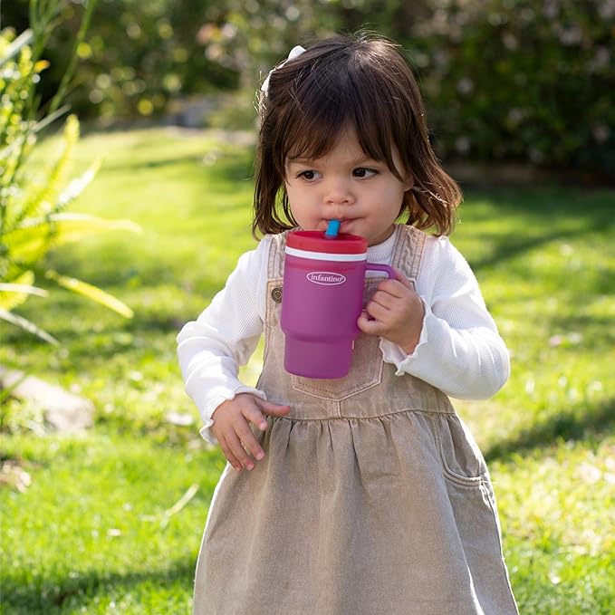 Infantino My 1st Tumbler, 10 Oz. Durable Plastic Sippy Cup with Straw & Handle, Spill-Resistant, for On-The-Go, BPA-Free Transition Baby Cup, Raspberry Cream
