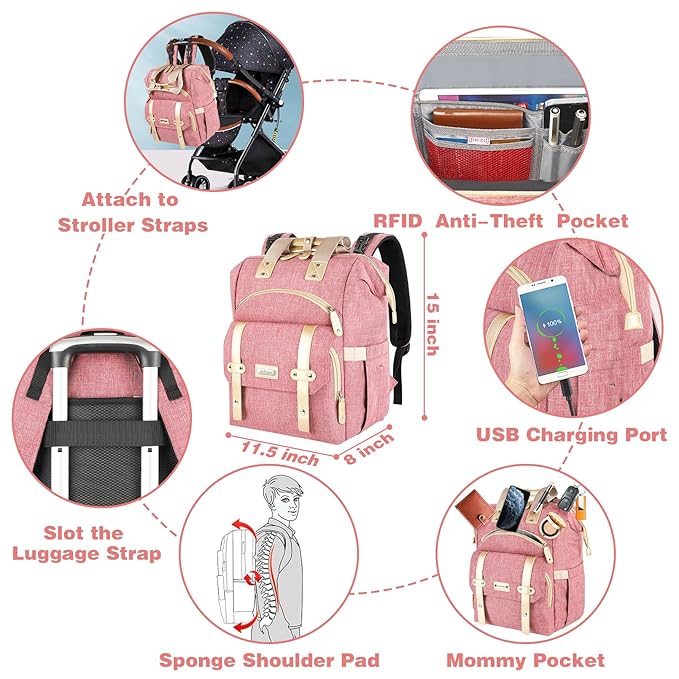 Jiefeike Diaper Bag Backpack, Pink Baby Girls Diaper Bag for Mom, Travel Baby Bags Backpack for Women, Insulated Pockets Portable toddler diaper bag, RFID Anti-Theft Pocket