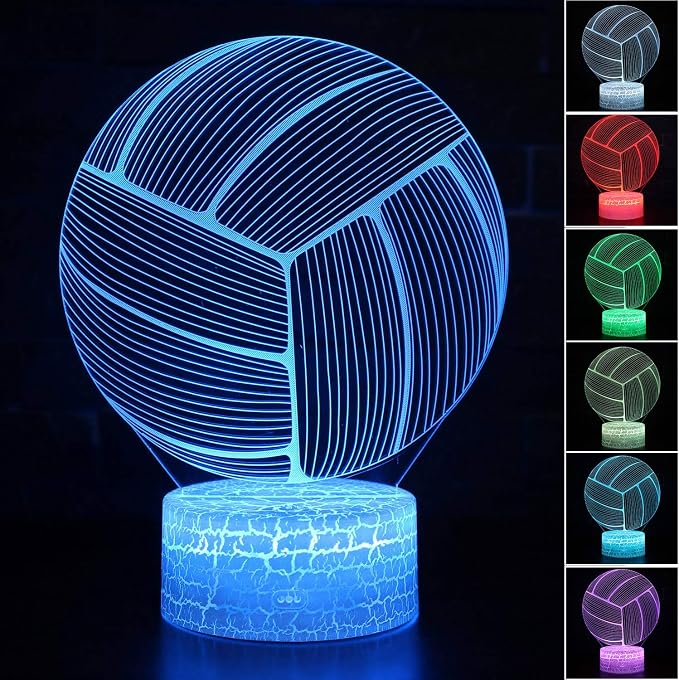 Volleyball 3D Illusion Night Light,16 Colors Changing Touch Switch & Remote Control,Acrylic Flat & ABS White Crack Base &USB Cable Table Lamp