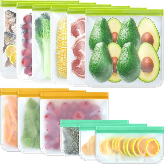 12 Pack Food Storage Containers Silicone Bags-6 Gallon Freezer 3 Sandwich 3 Reusable Snack Bags, Leakproof Silicone Bags for Fruit Storage
