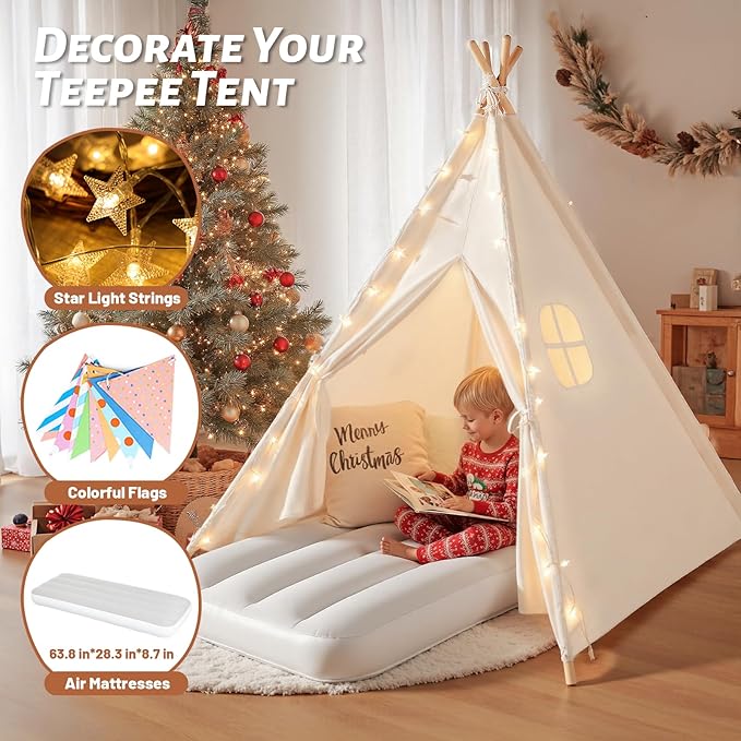wilwolfer 2 Pack Teepee Tent for Kids with Inflatable Airbed, Indoor Play Tent Foldable for Boys Girls Party Sleepover Slumber Gifts Toy(Pink, White)