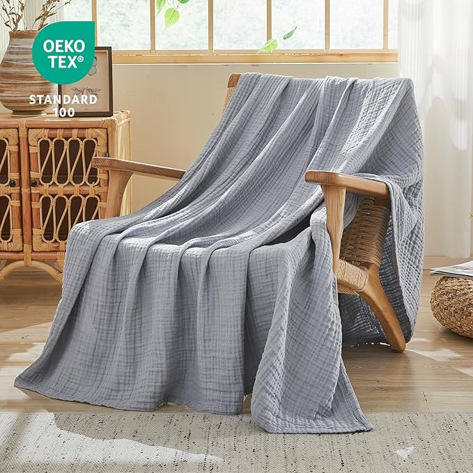 EMME Cotton Muslin Large Throw Blanket Couch Breathable Gauze Blanket Soft Lightweight Bed Blankets Adults (Dusty Blue, 50"x71")