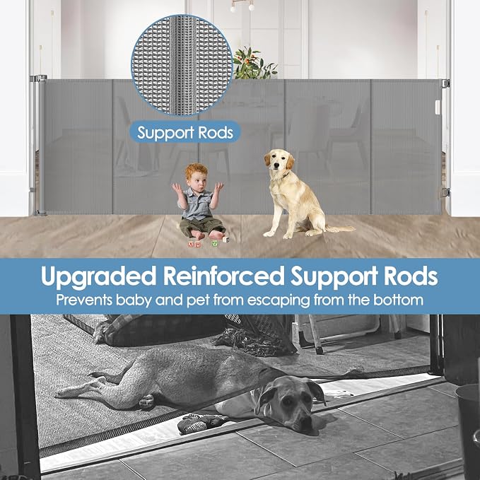 Reinforced 200 Inch Extra Long Retractable Baby Gates for Large Openings, Upgrade Extra Long Pet Gate to Prevent Bottom Crawling Through, 16 Ft Mesh Baby Gate Extra Wide Dog Gates for The House, Gray