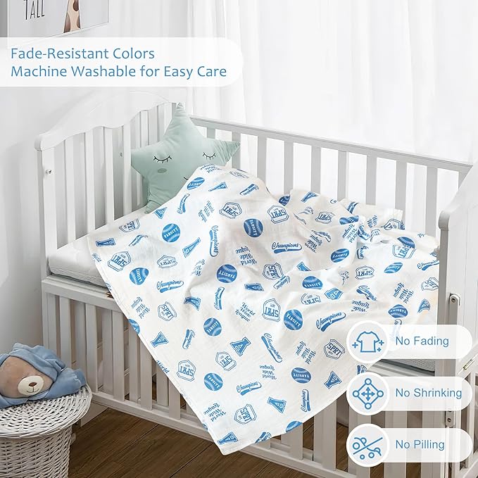 Muslin Swaddle Blankets for Newborn, Large 47"x47" Soft Breathable Bamboo Cotton Baby Blanket, Lightweight Receiving Blanket for Boys and Girls, Classic Baseball