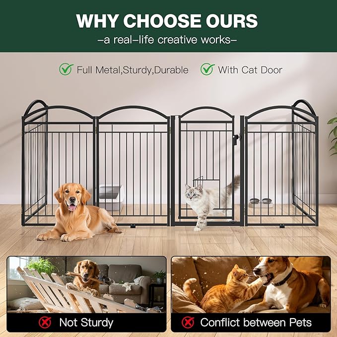 Metal Freestanding Dog Gate with Cat Door for Indoor & Outdoor,30" Tall Foldable Dog Fence,120" Extra Wide Freestanding Pet Gate for Large Openings,RV Camping,Stairs,Deck,Yard,Doorways(6 Panels,Black)