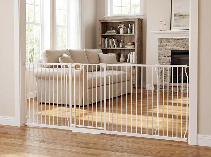 Baby Gates Extra Wide for Doorways 95.2-100 Inch Extra Wide Pressure Mounted Baby Dog Gate for the House Indoor Large Openning Metal Safety Gate No Drilling with Walk-Through Door,White