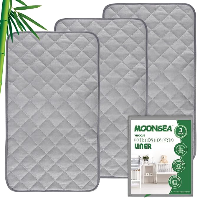 Diaper Changing Pad Liner Non-Slip, Waterproof Terry Mat, Quilted Absorbent Bassinet Liners Washable, 3 Pack 13"x 26" Reusable Portable Changing Table Pad Rectangle Grey