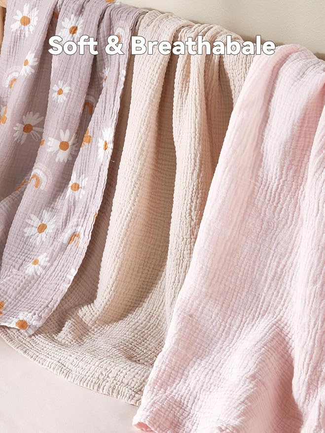 TILLYOU 3 Pack Muslin Swaddles for Newborns Baby Blankets for Girls Boys Cotton Swaddle Blankets 47"x47", Pink Butterfly