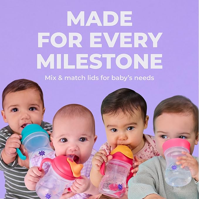 b.box + Lansinoh Time to Sip Starter Cup Set (3m+ to Toddler) | 1 Cup with 4 Lids ??Nipple, Spout, Weighted Straw, Training | BPA-Free, Dishwasher Safe, Easy-Grip | 8 Ounces | Tropical Sea