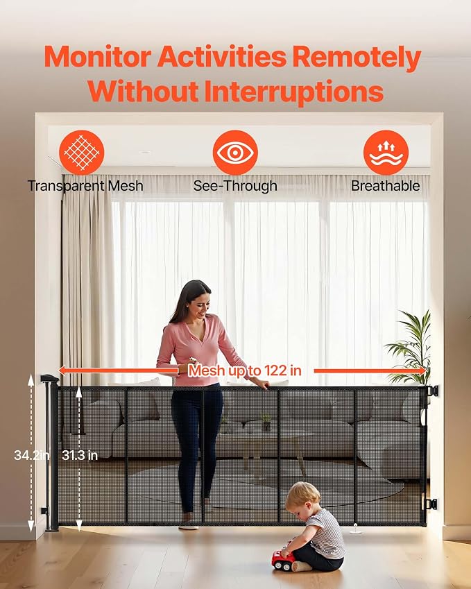 VEVOR Retractable Baby Gate, Extends to 122 inch Extra Wide, 31.3 inch Tall, with Reinforced Fiberglass Strips, Avoids Crawling Through, Mesh Dog Gate for Decks, Doorways, Garages, Indoor, Black