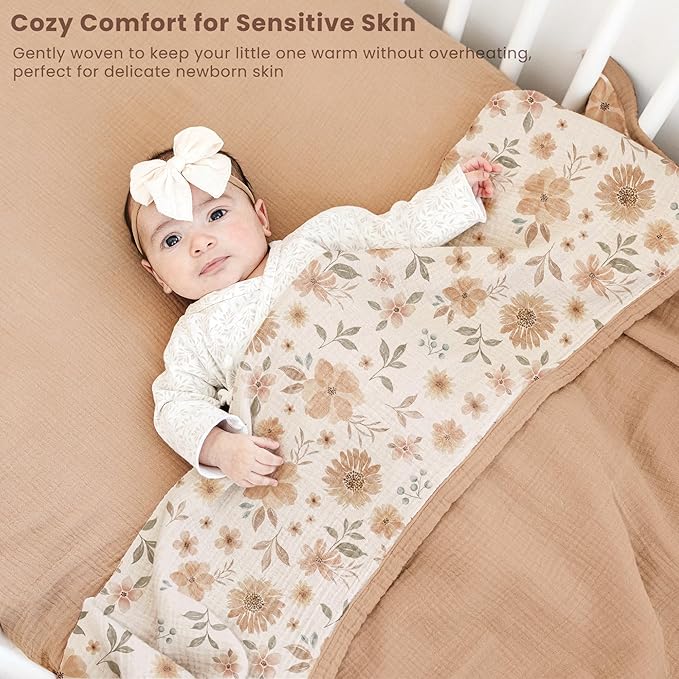 Konssy Muslin Baby Blankets for Girls Boys 47"x47", 100% Cotton Crib Blanket for Infant Toddler, Super Soft and Lightweight Nursery Swaddling Wrap (Flourish)