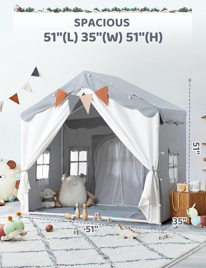 besrey Kids Tent, Kids Play Tent 2 in 1 with Padded Mat and Lights, Large Playhouse with 2 Doors & 4 Windows, Indoor & Outdoor, Halloween Toddler Playhouse, 51" x35" x 51" (Gray)