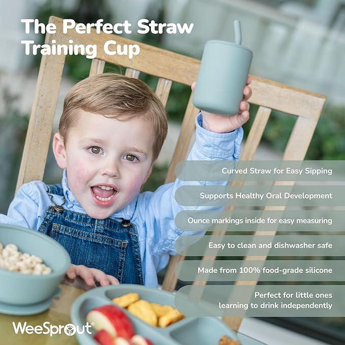 WeeSprout Baby Led Weaning Bundle, Silicone Suction Bowl, Spoons, Bib & Cup, Develops Self Feeding Skills, Dishwasher Safe (Blue)