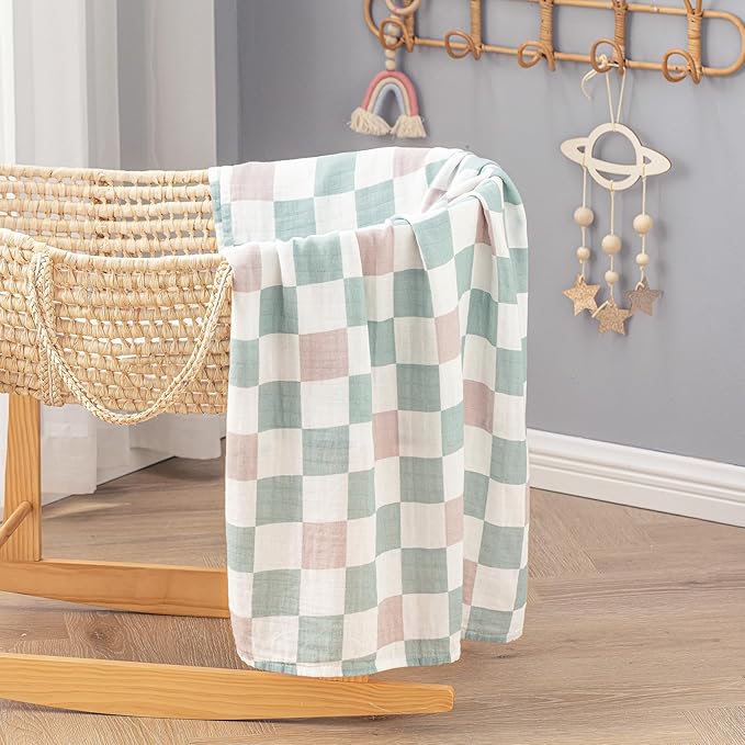 BabyWhale Muslin Swaddle Blanket with Hat and Headband Bow, Checkered Print Swaddle Set for Baby Boys ï¼?Girls, Unisex Soft Receiving Blanket Wrap, Green Grey Checkered, 47x47 inches