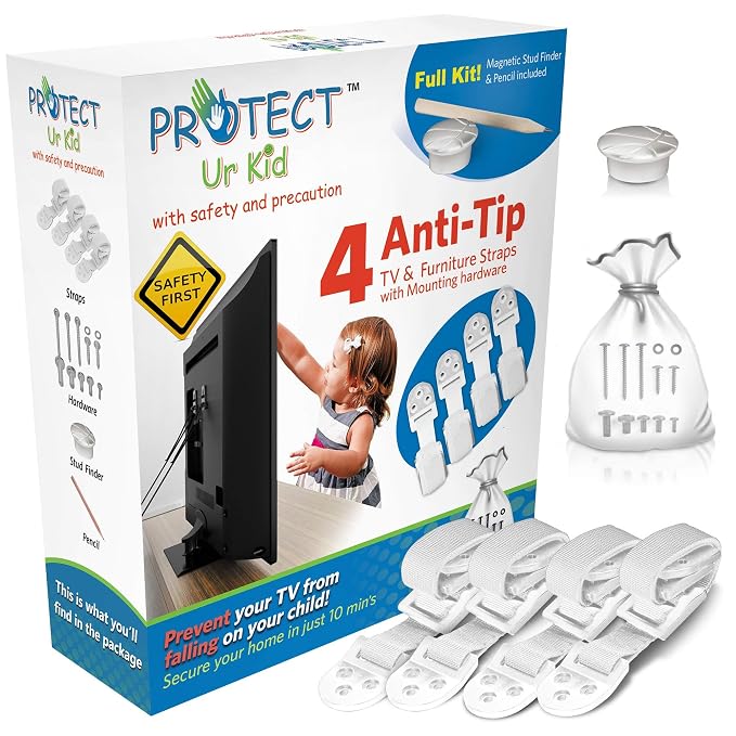 Anti Tip Furniture Anchor & TV Straps w/Ultra-Strong Mounting Hardware & Safety Stud Finder Locks-in Heavy Objects for Instant Earthquake, Child & Baby Proofing (White, 4 Straps + Stud Finder)