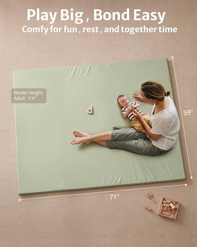 Blissful Diary Vegan Leather Baby Play Mat, 71x59 Thicken Foam Cushioned & Waterproof Playpen Mat for Infants and Toddlers, Stylish and Just Wipe-Clean Playmat for Baby Play on Floor, Light Green