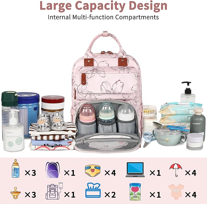 Diaper Bag Backpack, Large Diaper Backpack with Portable Changing Pad, Baby Diaper Bags for Girls, Multifunction Floral Travel Backpack for Moms Dads with Insulated Pockets and Stroller Straps