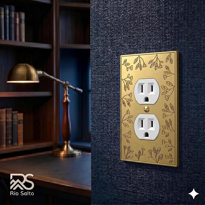 Rio Salto Flower Collection Single Gang Duplex 4 Pack ??Brushed Brass Gold Metal Outlet Cover, Light Switch Covers Decorative Midsize 5" x 3.13" Plug Cover Plate, Luxury Artisanal Premium Wall Plate