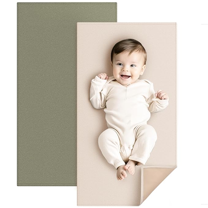 Konssy Faux Leather Baby Changing Mat, Waterproof, Wipeable & Portable Diaper Changing Pad for Travel or Home, Fits Perfectly in Diaper Bag, 30 x 17 inches (Fog Green,Beige)