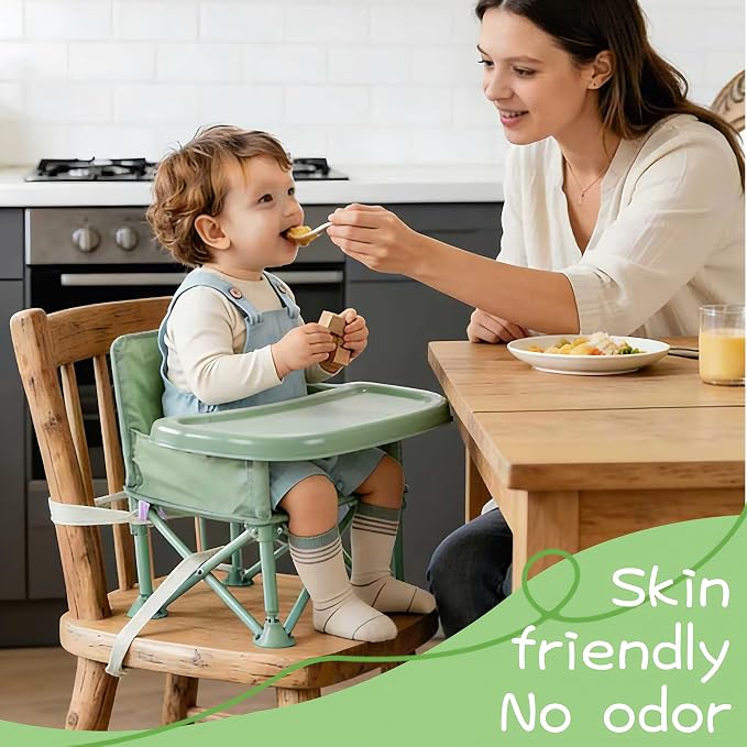 Portable Baby Chair,Portable 3-in-1 Baby Booster Seat with Tray,Folding Toddler High Chair for Travel,Camping, Home & Dining, Easy to Clean & Store, Safe with Child Safety Belt Carry Bag(Green)