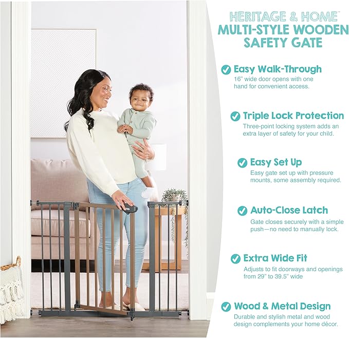 Regalo SAFETY 39" Extra Wide Wood Accent Baby Gate, Pressure Mount for Doorways & Bottom of Stairs, Babies, Toddlers & Pets, Ages 6??4 Months, TESTED & TRUSTED, AMERICAN DESIGNED, FAMILY OWNED
