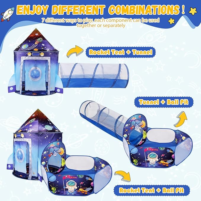 3 in 1 Rocket Ship Play Tent with Tunnel Ball Pit for Kids Space Themed Pop Up Playhouse Indoor Outdoor Astronaut Tent Set Toy Gift for Boys Girls Toddler Baby Child Games Birthday Party