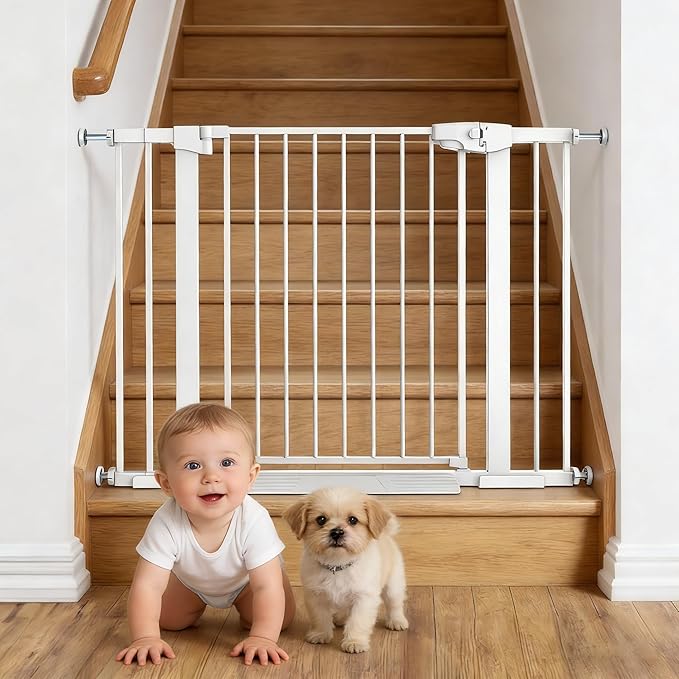 Easy Step Walk-Thru Baby Gate ??Adjustable Safety Gate for Babies & Pets, Pressure Mount Kit, Includes Wall Cups ??29.7-40.5W x 30.5H, Auto-Close White
