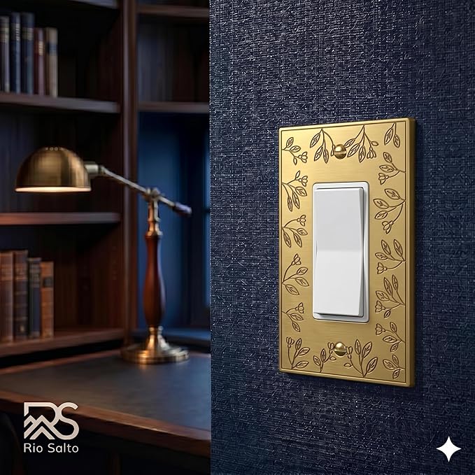 Rio Salto Floral Collection Brushed Brass Rocker Light Switch Plate, 1-Gang 5" x 3.13" Midsize Metal Wall Plates Decorative Outlet Cover Premium Heavy-Gauge Wall Plates